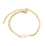 Wheat Bead Chain with 1 6*9mm Oval White Pearl Bracelet 17+5cm