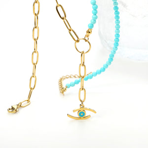 Lake blue eye pendant 17.8*7.6mm + half lake blue beads half matching chain necklace 40+5cm