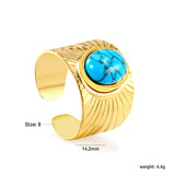 Height 14.2mm Round turquoise stone on bezel opening ring Gold color