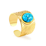 Height 14.2mm Round turquoise stone on bezel opening ring Gold color