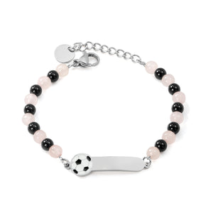 7.9*24.2mm long strip with soccer ball graphic + 4.6mm*12 pink beads + 4.3mm*10 black beads bracelet 13+3cm