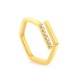 Hexagonal ring with white zirconia head, CNC set, height 5.7 mm, steel color / gold