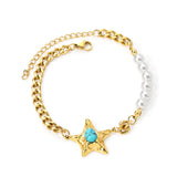 Starfish with Oval Blue Turquoise 21.7mm + 6 White Pearls 6mm Bracelet 18+5cm