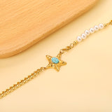 Starfish with Oval Blue Turquoise 21.7mm + 6 White Pearls 6mm Bracelet 18+5cm