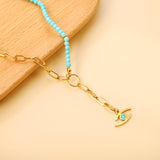 Lake blue eye pendant 17.8*7.6mm + half lake blue beads half matching chain necklace 40+5cm