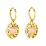 2*12mm I.D. earrings + 15.3*18.7mm oval pattern face band imitation white pearl/pinkstone/tiger's eye stone accessories Earrings Gold color