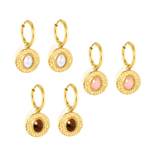 2*12mm I.D. earrings+15.5mm round cake stick imitation white pearl/pink crystal/tiger eye stone earrings gold color