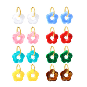 2*18mm I.D. Earrings + 27mm White/Red/Blue/Yellow/Coffee/Pink/Peacock Blue/Peacock Green Resin Flower Earrings Gold Color