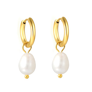 2*10mm inner diameter earrings + 7.7*10.3mm freshwater pearl earrings steel/golden color