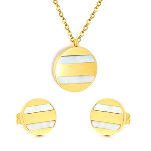 Round Sticky White Shell Set Steel/Gold Earrings:12mm Pendant:18mm 04Cross45+5cm+6mm Round Plate