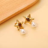 Starfish Pitted Faceted with Oval Brown Cat's Eye Stones + Shaped White Pearl Stud Earrings 21.5*36mm