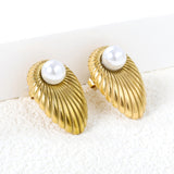 Oval Leaf with 1 White Pearl Stud Earrings 15.2*24mm