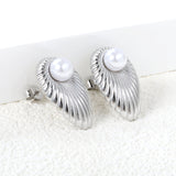 Oval Leaf with 1 White Pearl Stud Earrings 15.2*24mm