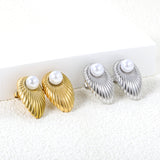 Oval Leaf with 1 White Pearl Stud Earrings 15.2*24mm