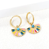 2*18.5mm Circle+Scalloped with Colorful Oil Drops+Semi-circle Blue Turquoise Earrings 21.3*14.6mm