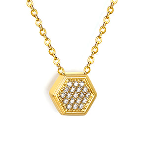 7.8*8.6mm Convex Hexagonal CNC White Zirconium Pendant 0.3 Cross Chain 40+5cm+6mm Round Necklace Golden