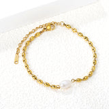 Wheat Bead Chain with 1 6*9mm Oval White Pearl Bracelet 17+5cm