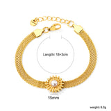 15mm round with imitation white pearl/pink crystal/tiger's eye accessories Thick 1*Width 6mm mesh chain 18+3cm+6mm round plaque Bracelet gold color