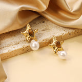 Starfish Pitted Faceted with Oval Brown Cat's Eye Stones + Shaped White Pearl Stud Earrings 21.5*36mm