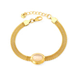 14*17mm oval with white cat's eye/tiger's eye stone fittings Thick 1*Wide 6mm mesh chain 18+3cm+6mm round plaque Bracelet Gold color