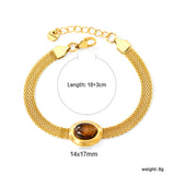 14*17mm oval with white cat's eye/tiger's eye stone fittings Thick 1*Wide 6mm mesh chain 18+3cm+6mm round plaque Bracelet Gold color