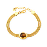 14*17mm oval with white cat's eye/tiger's eye stone fittings Thick 1*Wide 6mm mesh chain 18+3cm+6mm round plaque Bracelet Gold color