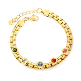 6.5mm round cake with mixed color zirconia+width 6*thick 2.8mm chain Bracelet 17cm+3cm+6mm round end tag Steel/Golden