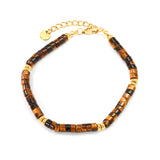 2.8*4.5 Cylindrical Tiger's Eye/Zi Yuandan/Indian Agate/Emperor's Pine/Shoushan Stone+4*2mm Round Flat Steel Beads Bracelet 17+3cm+6mm Round Plaque Gold Color