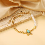 Starfish with Oval Blue Turquoise 21.7mm + 6 White Pearls 6mm Bracelet 18+5cm