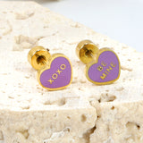 Screw plug 0.8*8mm pin 7*6.3mm heart with purple oil drop earrings gold color