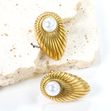 Oval Leaf with 1 White Pearl Stud Earrings 15.2*24mm