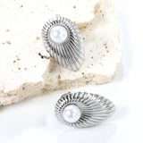 Oval Leaf with 1 White Pearl Stud Earrings 15.2*24mm