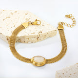 14*17mm oval with white cat's eye/tiger's eye stone fittings Thick 1*Wide 6mm mesh chain 18+3cm+6mm round plaque Bracelet Gold color