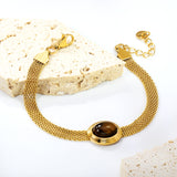 14*17mm oval with white cat's eye/tiger's eye stone fittings Thick 1*Wide 6mm mesh chain 18+3cm+6mm round plaque Bracelet Gold color