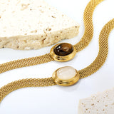 14*17mm oval with white cat's eye/tiger's eye stone fittings Thick 1*Wide 6mm mesh chain 18+3cm+6mm round plaque Bracelet Gold color