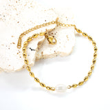 Wheat Bead Chain with 1 6*9mm Oval White Pearl Bracelet 17+5cm