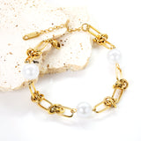 6 Knots + 9.6mm*3 Round White Pearls Bracelet 17+4cm