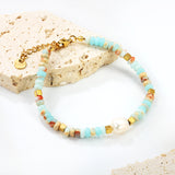 4.5*2.5mm round flat imitation Shoushan stone+3mm square+8.2*9.5mm freshwater pearl Bracelet 17+3cm+6mm round plate Gold color