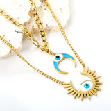 26.5mm Open Sun with White Eyes Accessory + 16mm Inverted C with Blue Drip Oil + White Eyes Accessory Double Chain Necklace 45+40+5cm