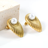 Oval Leaf with 1 White Pearl Stud Earrings 15.2*24mm