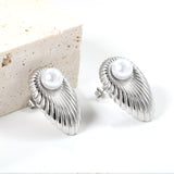 Oval Leaf with 1 White Pearl Stud Earrings 15.2*24mm