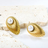 Oval Leaf with 1 White Pearl Stud Earrings 15.2*24mm