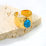 Height 14.2mm Round turquoise stone on bezel opening ring Gold color