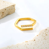 Hexagonal ring with white zirconia head, CNC set, height 5.7 mm, steel color / gold