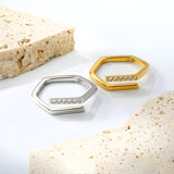 Hexagonal ring with white zirconia head, CNC set, height 5.7 mm, steel color / gold