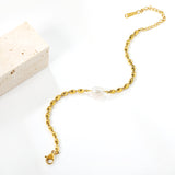 Wheat Bead Chain with 1 6*9mm Oval White Pearl Bracelet 17+5cm