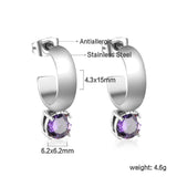 4.3*15mm C-shaped hoop with four scratches round white&black&purple&pink&green diamond stud earrings 6.2mm