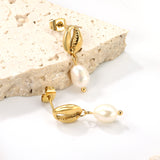 7.5*10mm Coffee Bean+6*8mm Freshwater Pearl Earrings Gold Color