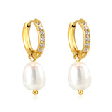 2.5x14mm circle with 6 white diamonds + oval white pearl stud earrings 8.3*13mm gold color