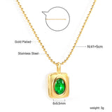 Rectangle with oval green diamond pendant 8*9.5mm Necklace 41+5cm Gold color